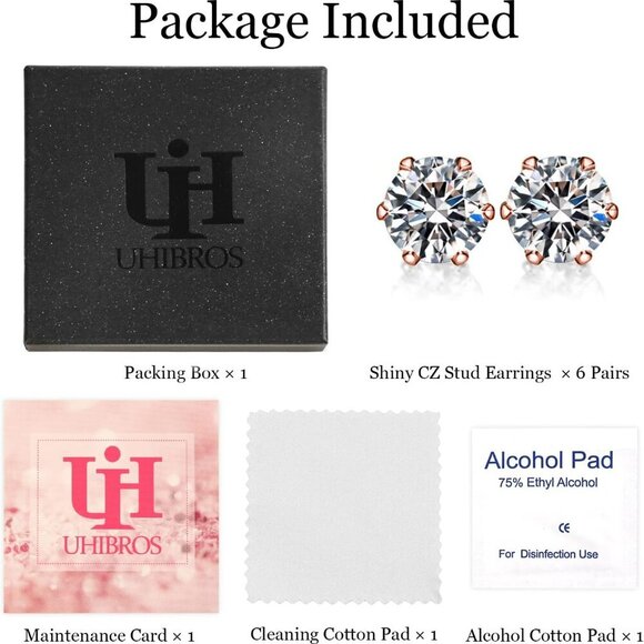 Hypoallergenic 316L Stainless Steel Rose Gold Earrings Set - 6 Pairs CZ Options - Picture 5 of 5